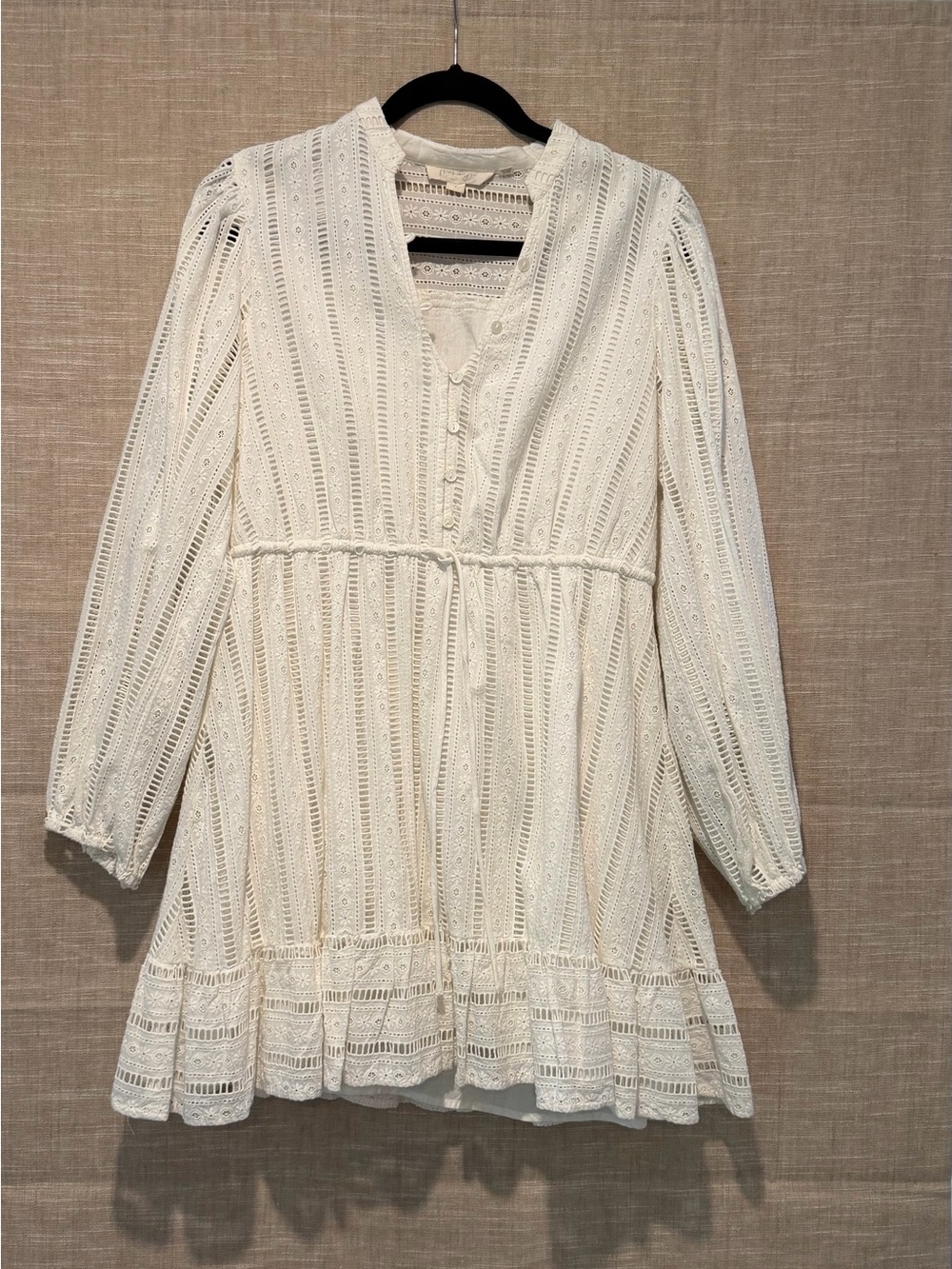 Cream Eyelet Lace Long Sleeve Dress - Feminine Formal Style